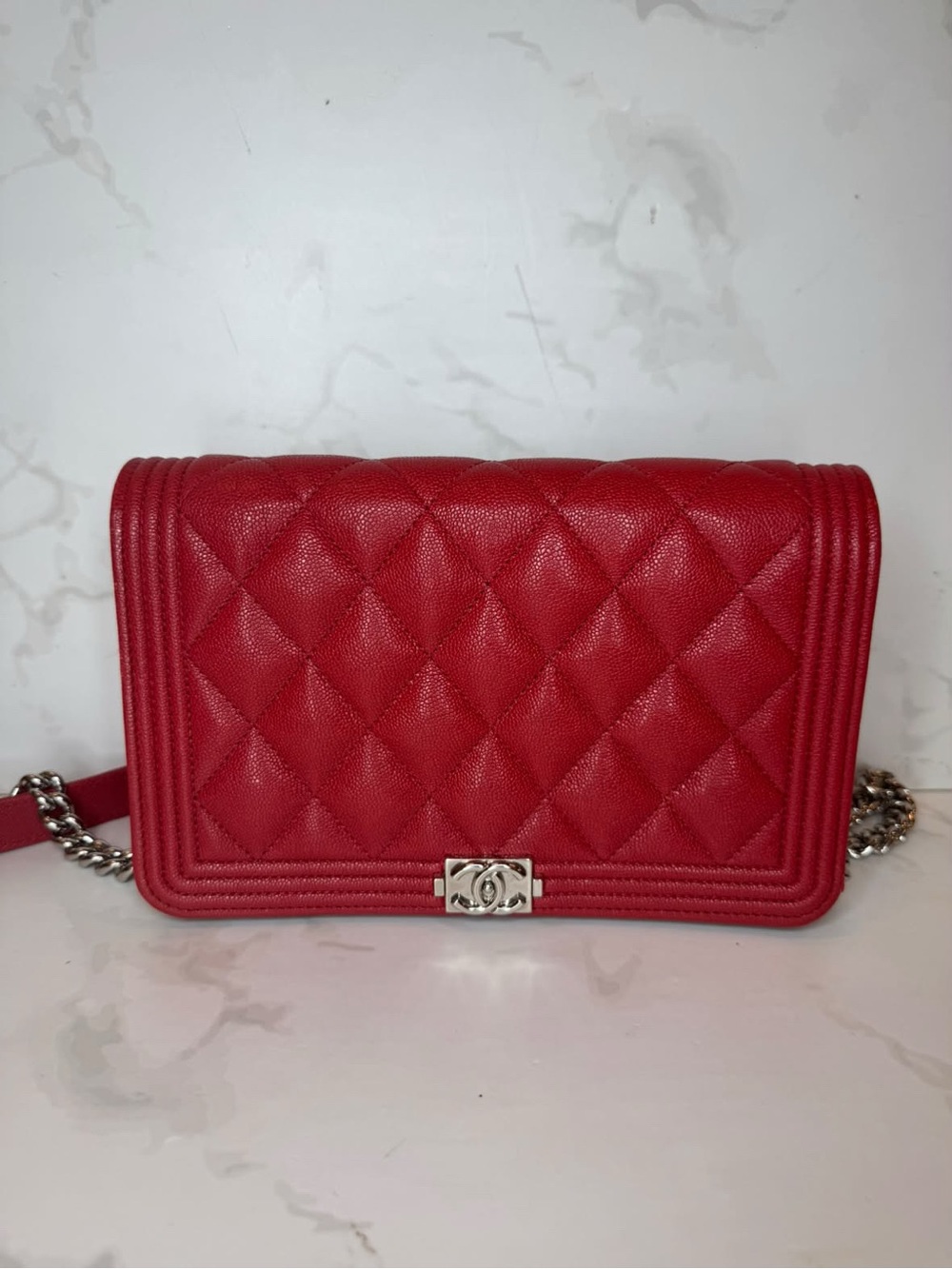CHANEL Red Quilted Boy Crossbody Bag with Silver Hardware